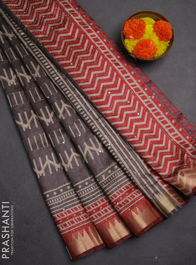 Semi tussar saree greyish brown and maroon with allover prints & kantha stitch work and zari woven border