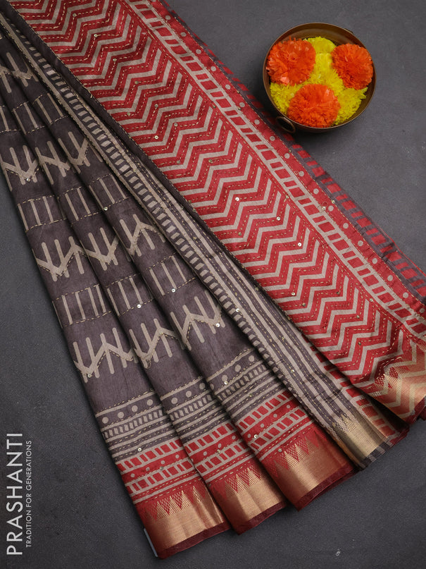 Semi tussar saree greyish brown and maroon with allover prints & kantha stitch work and zari woven border