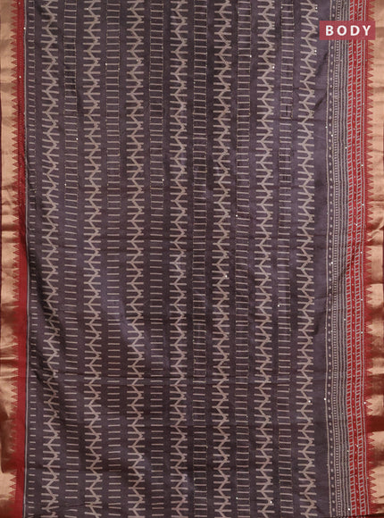 Semi tussar saree greyish brown and maroon with allover prints & kantha stitch work and zari woven border