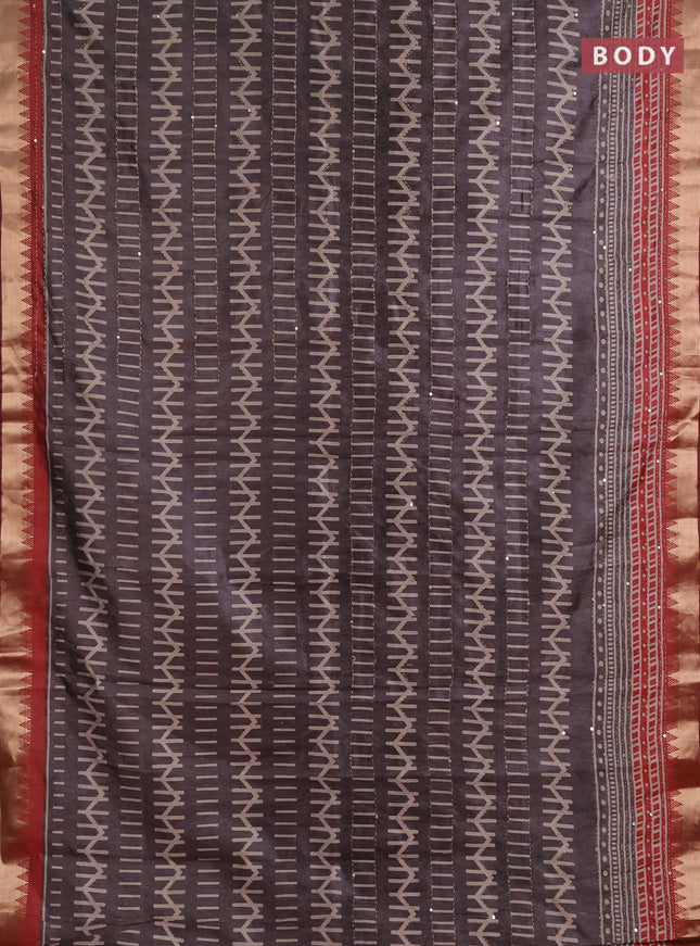 Semi tussar saree greyish brown and maroon with allover prints & kantha stitch work and zari woven border