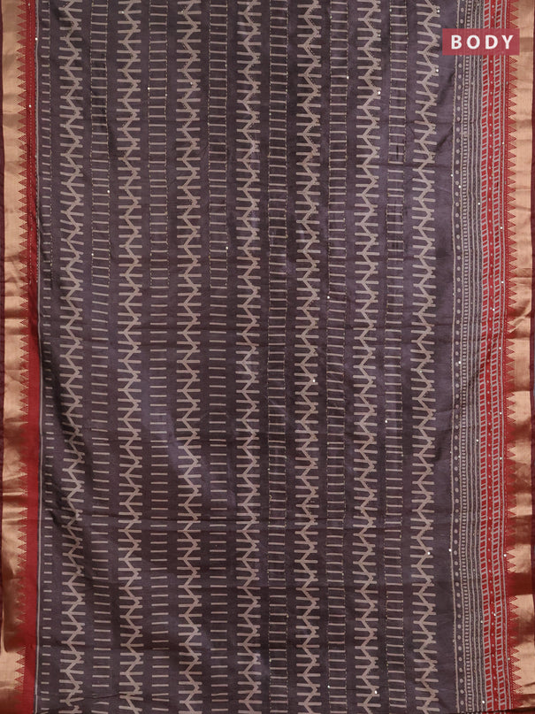 Semi tussar saree greyish brown and maroon with allover prints & kantha stitch work and zari woven border