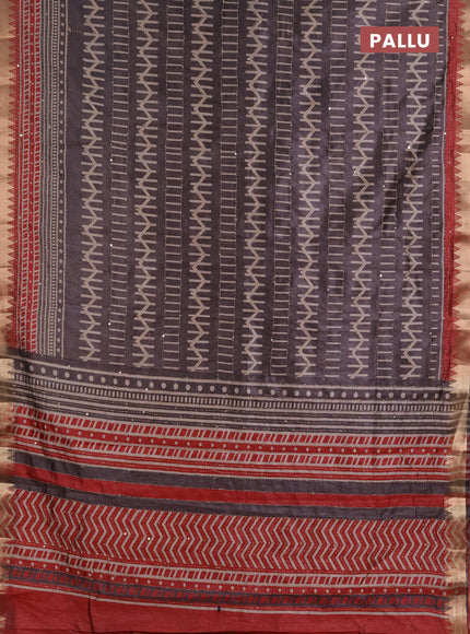 Semi tussar saree greyish brown and maroon with allover prints & kantha stitch work and zari woven border