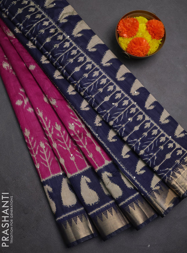 Semi tussar saree magenta pink and navy blue with allover ikat butta prints & kantha stitch work and zari woven border