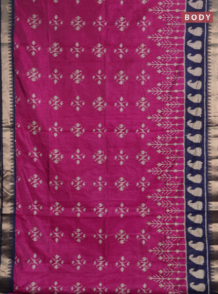 Semi tussar saree magenta pink and navy blue with allover ikat butta prints & kantha stitch work and zari woven border