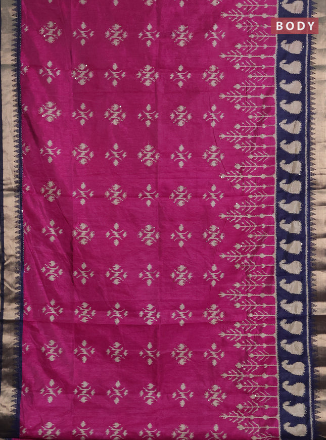 Semi tussar saree magenta pink and navy blue with allover ikat butta prints & kantha stitch work and zari woven border