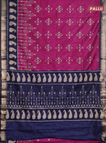 Semi tussar saree magenta pink and navy blue with allover ikat butta prints & kantha stitch work and zari woven border