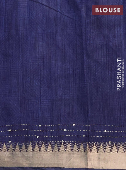 Semi tussar saree magenta pink and navy blue with allover ikat butta prints & kantha stitch work and zari woven border