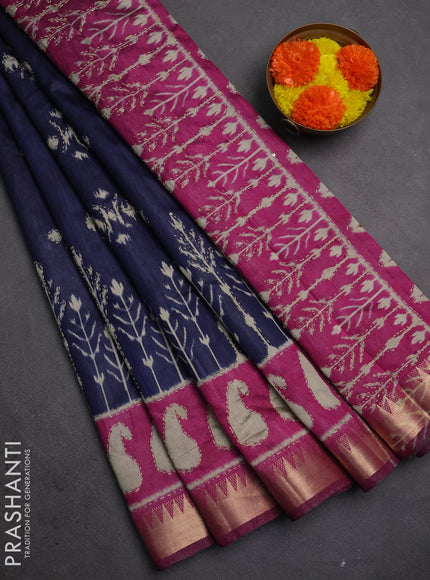 Semi tussar saree navy blue and magenta pink with allover ikat butta prints & kantha stitch work and zari woven border