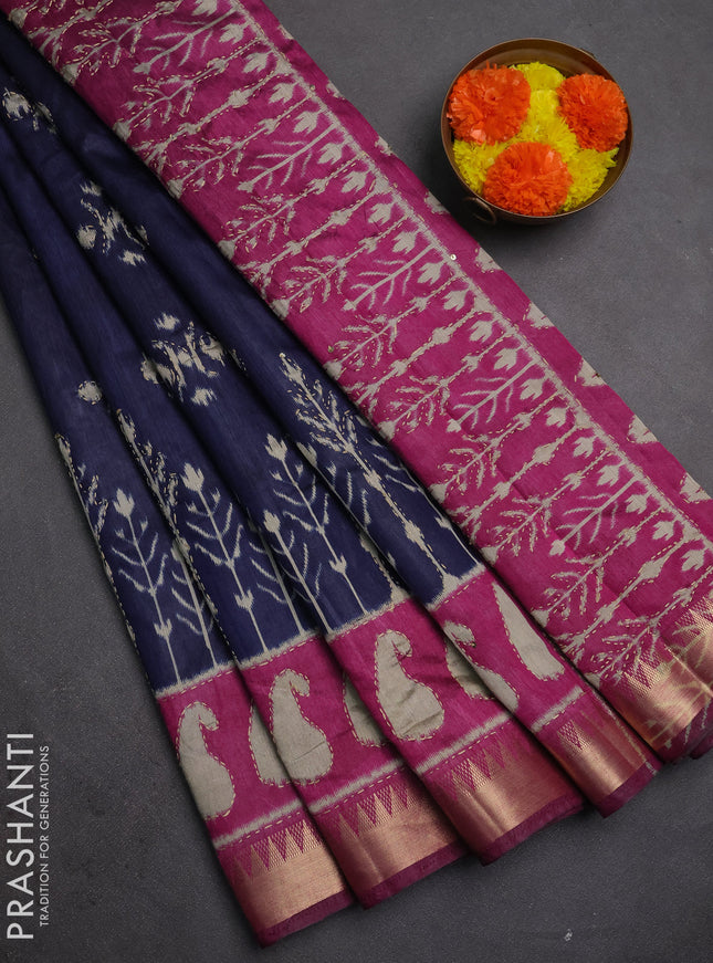 Semi tussar saree navy blue and magenta pink with allover ikat butta prints & kantha stitch work and zari woven border