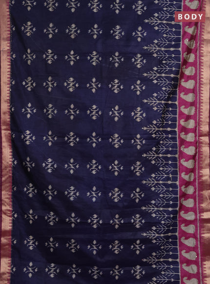 Semi tussar saree navy blue and magenta pink with allover ikat butta prints & kantha stitch work and zari woven border