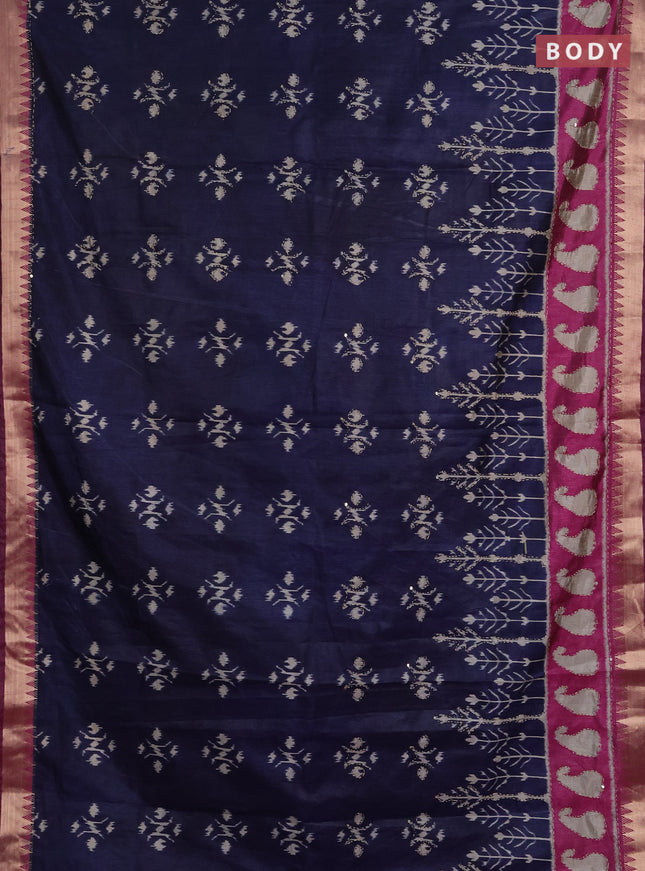 Semi tussar saree navy blue and magenta pink with allover ikat butta prints & kantha stitch work and zari woven border