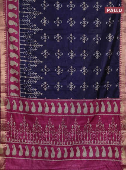 Semi tussar saree navy blue and magenta pink with allover ikat butta prints & kantha stitch work and zari woven border