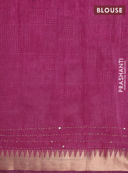Semi tussar saree navy blue and magenta pink with allover ikat butta prints & kantha stitch work and zari woven border