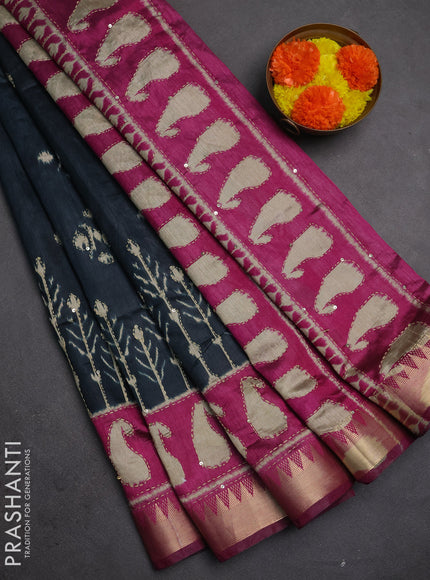 Semi tussar saree dark peacock green and magenta pink with allover ikat butta prints & kantha stitch work and zari woven border