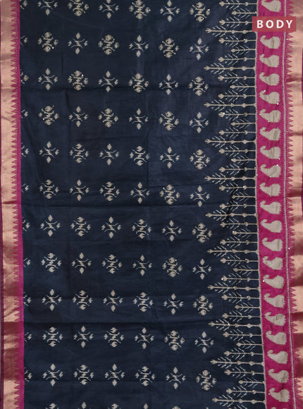 Semi tussar saree dark peacock green and magenta pink with allover ikat butta prints & kantha stitch work and zari woven border