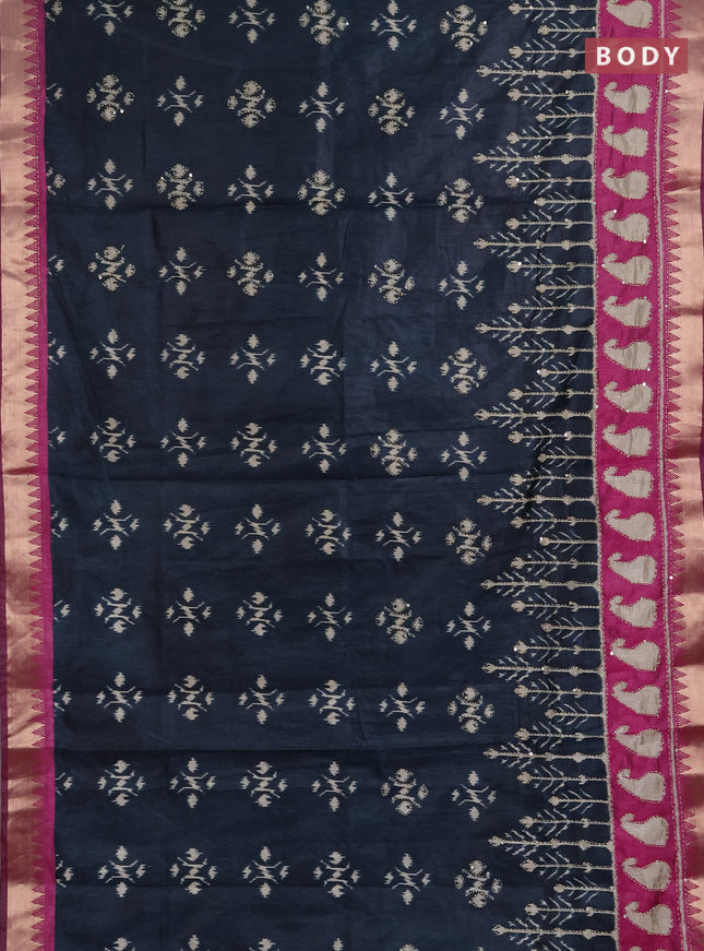 Semi tussar saree dark peacock green and magenta pink with allover ikat butta prints & kantha stitch work and zari woven border