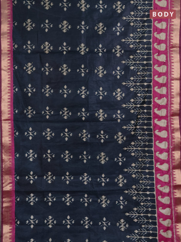 Semi tussar saree dark peacock green and magenta pink with allover ikat butta prints & kantha stitch work and zari woven border