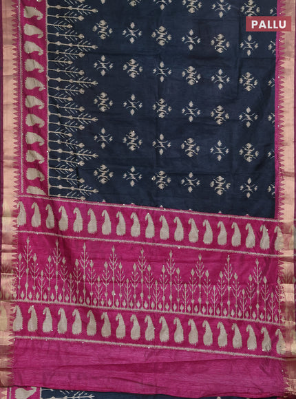 Semi tussar saree dark peacock green and magenta pink with allover ikat butta prints & kantha stitch work and zari woven border