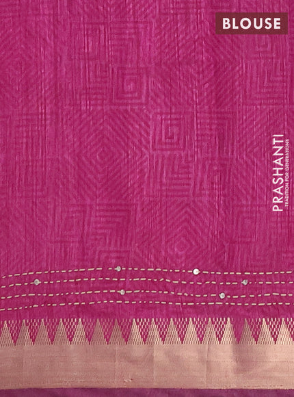 Semi tussar saree dark peacock green and magenta pink with allover ikat butta prints & kantha stitch work and zari woven border