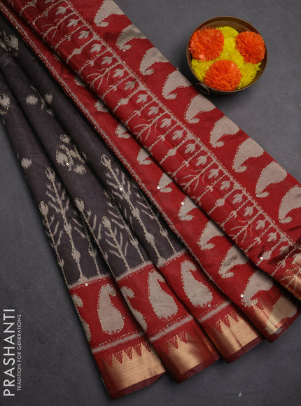 Semi tussar saree greyish brown and maroon with allover ikat butta prints & kantha stitch work and zari woven border