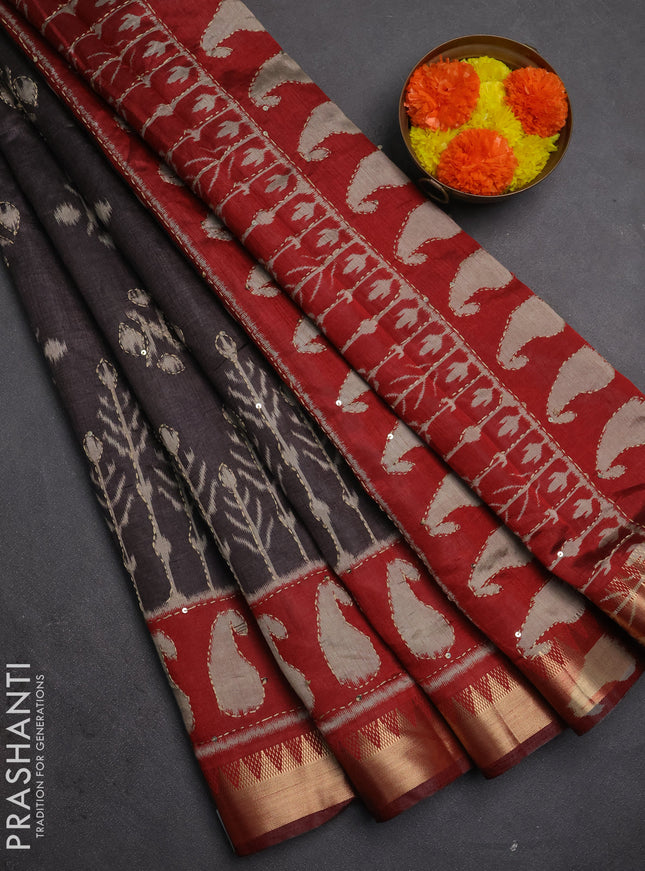 Semi tussar saree greyish brown and maroon with allover ikat butta prints & kantha stitch work and zari woven border