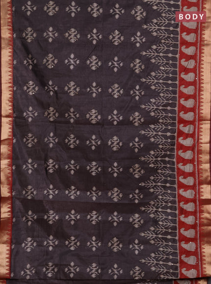 Semi tussar saree greyish brown and maroon with allover ikat butta prints & kantha stitch work and zari woven border
