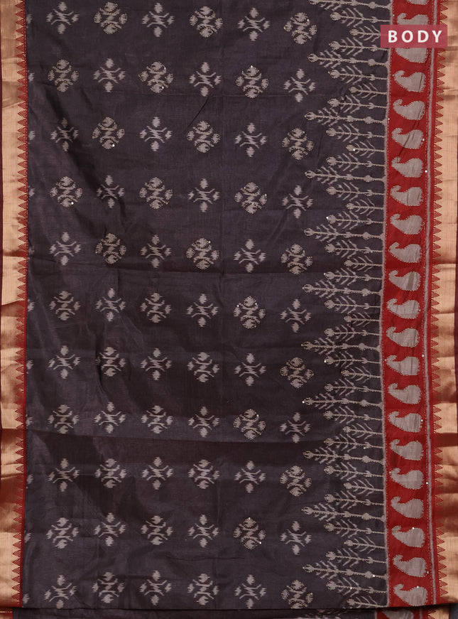 Semi tussar saree greyish brown and maroon with allover ikat butta prints & kantha stitch work and zari woven border
