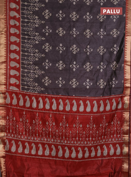 Semi tussar saree greyish brown and maroon with allover ikat butta prints & kantha stitch work and zari woven border