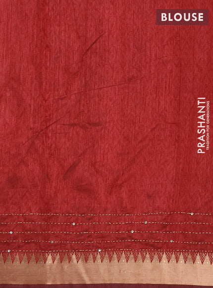 Semi tussar saree greyish brown and maroon with allover ikat butta prints & kantha stitch work and zari woven border
