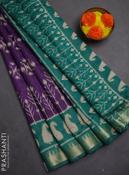 Semi tussar saree purple and teal green with allover ikat butta prints & kantha stitch work and zari woven border