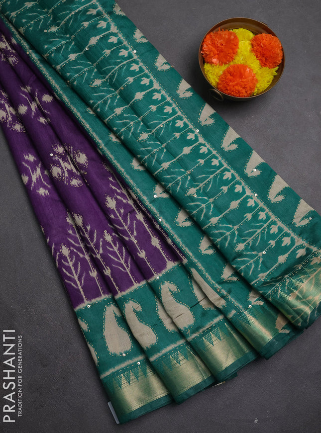 Semi tussar saree purple and teal green with allover ikat butta prints & kantha stitch work and zari woven border