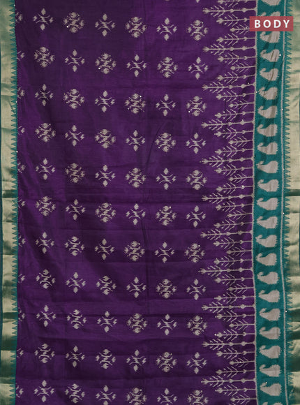 Semi tussar saree purple and teal green with allover ikat butta prints & kantha stitch work and zari woven border