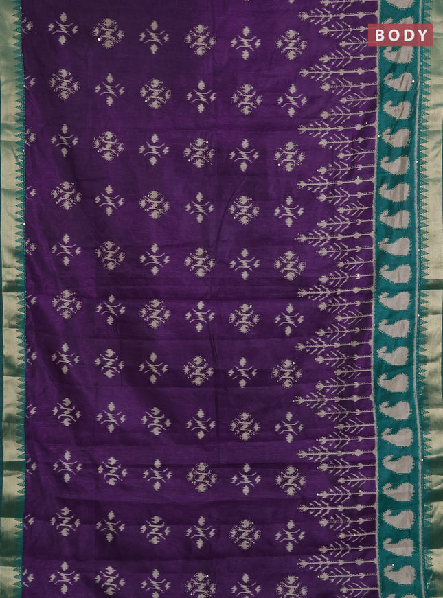 Semi tussar saree purple and teal green with allover ikat butta prints & kantha stitch work and zari woven border