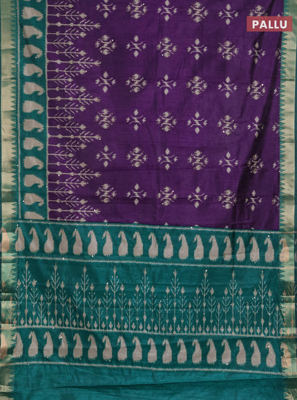 Semi tussar saree purple and teal green with allover ikat butta prints & kantha stitch work and zari woven border