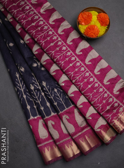 Semi tussar saree deep jamun and magenta pink with allover ikat butta prints & kantha stitch work and zari woven border