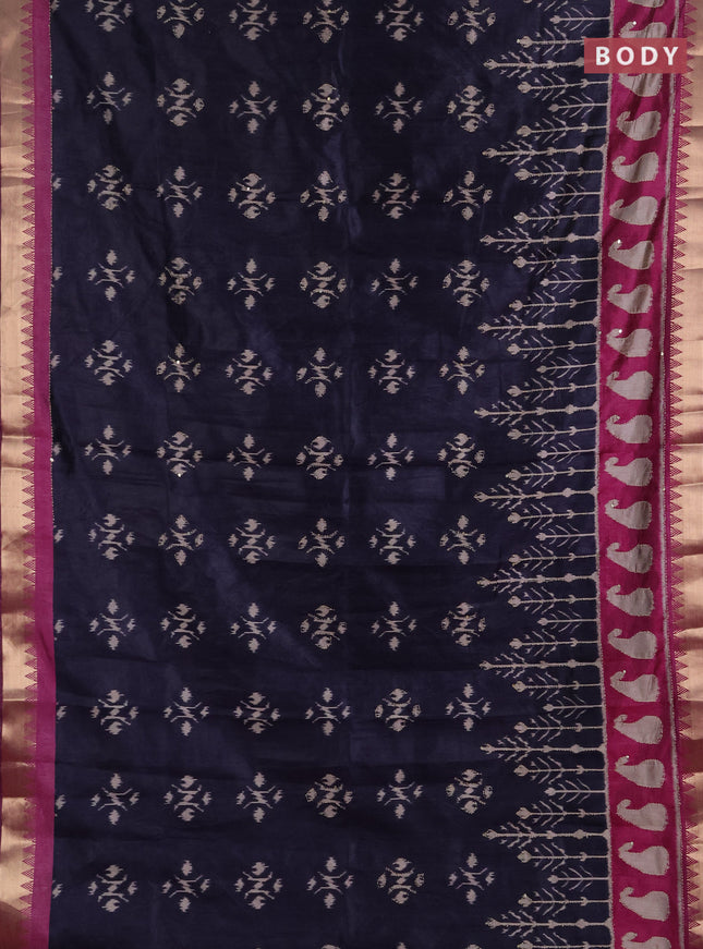Semi tussar saree deep jamun and magenta pink with allover ikat butta prints & kantha stitch work and zari woven border