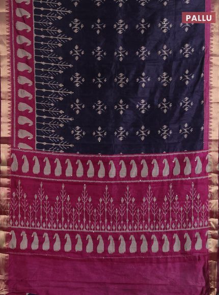 Semi tussar saree deep jamun and magenta pink with allover ikat butta prints & kantha stitch work and zari woven border