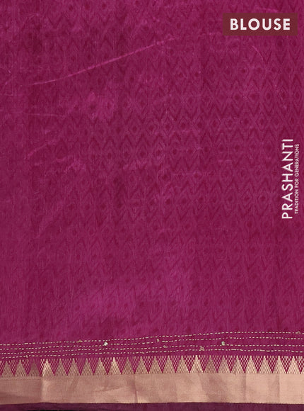Semi tussar saree deep jamun and magenta pink with allover ikat butta prints & kantha stitch work and zari woven border
