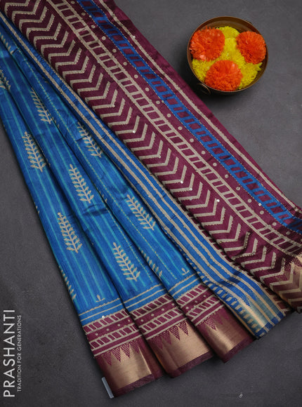 Semi tussar saree cs blue and wine shade with allover prints & kantha stitch work and zari woven border