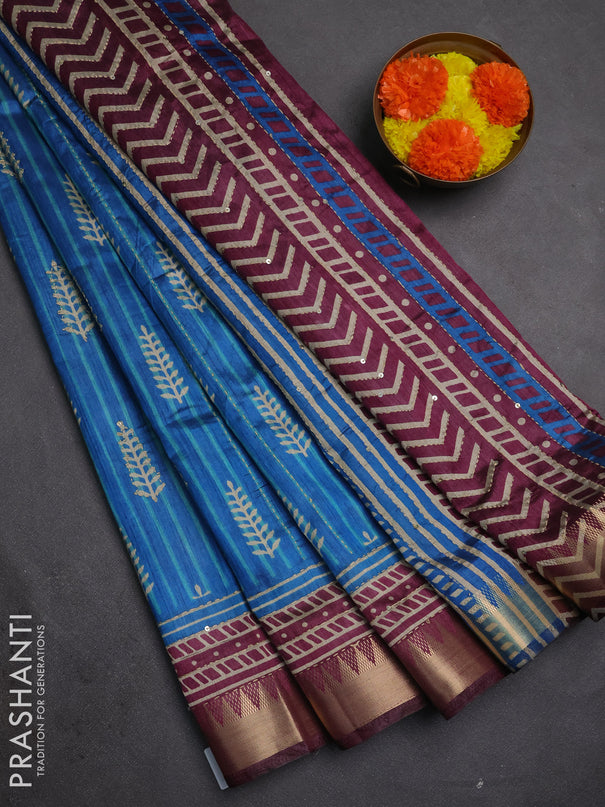 Semi tussar saree cs blue and wine shade with allover prints & kantha stitch work and zari woven border