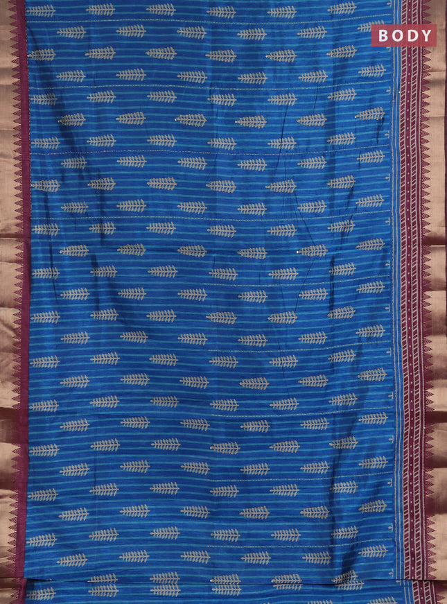Semi tussar saree cs blue and wine shade with allover prints & kantha stitch work and zari woven border