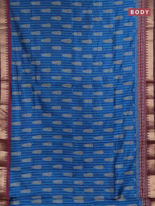 Semi tussar saree cs blue and wine shade with allover prints & kantha stitch work and zari woven border
