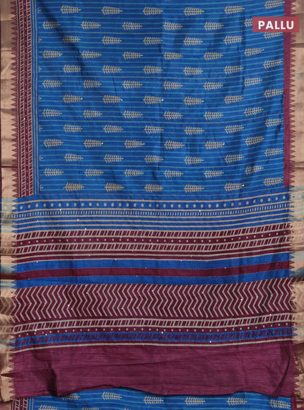 Semi tussar saree cs blue and wine shade with allover prints & kantha stitch work and zari woven border