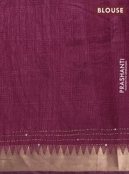 Semi tussar saree cs blue and wine shade with allover prints & kantha stitch work and zari woven border