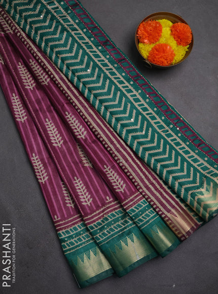 Semi tussar saree wine shade and teal green with allover prints & kantha stitch work and zari woven border