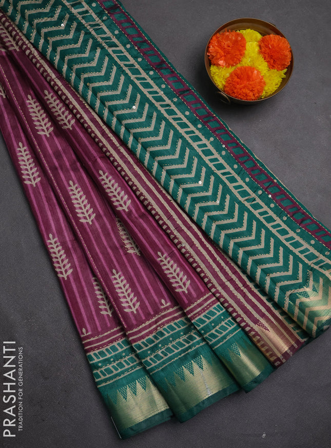 Semi tussar saree wine shade and teal green with allover prints & kantha stitch work and zari woven border