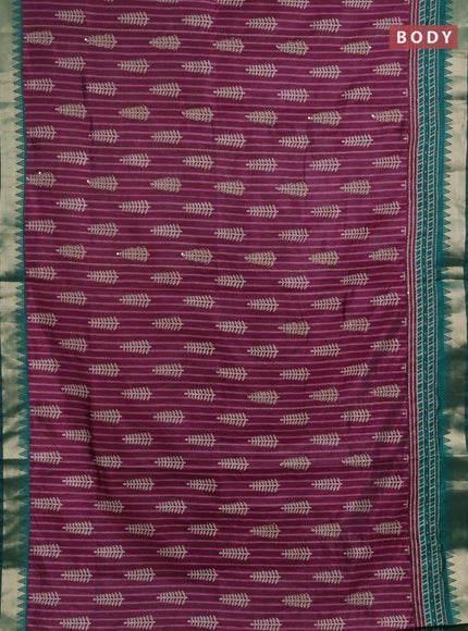 Semi tussar saree wine shade and teal green with allover prints & kantha stitch work and zari woven border