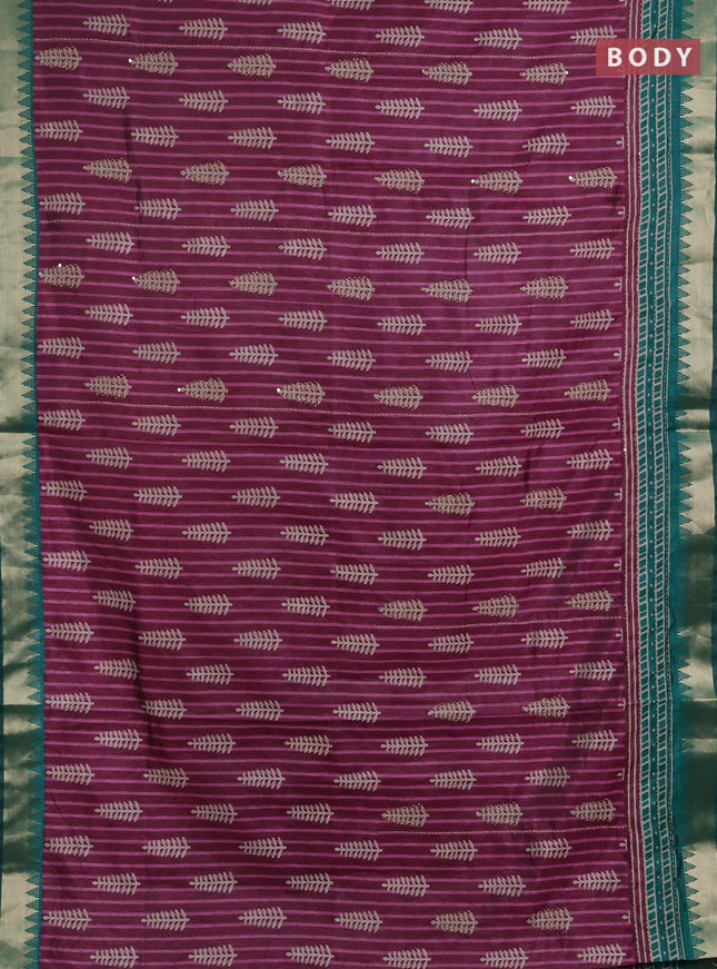 Semi tussar saree wine shade and teal green with allover prints & kantha stitch work and zari woven border
