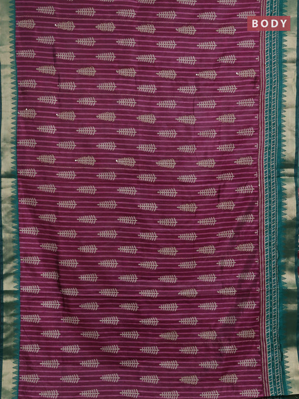 Semi tussar saree wine shade and teal green with allover prints & kantha stitch work and zari woven border