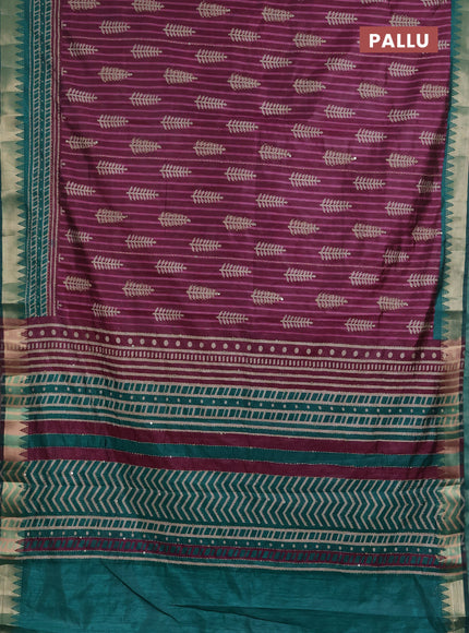 Semi tussar saree wine shade and teal green with allover prints & kantha stitch work and zari woven border